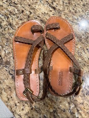 Michael Kors Tan/Brown Braided Leather Toe-Ring Sandals